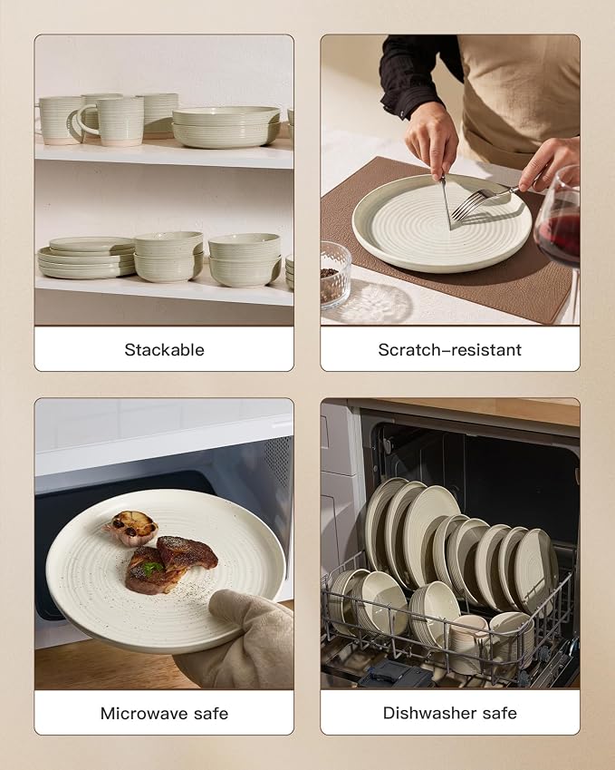 24-Piece Stoneware Dinnerware Sets for 8 - Farmhouse Coupe Plates and Bowls with Speckles & Spirals - Chip & Scratch Resistant, Microwave & Dishwasher Safe - Gift Box, Multicolor