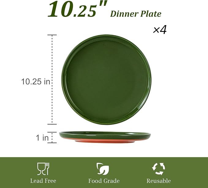Ceramic Dinner Plates, 10.25 Inch, Set for 4, Elegant Green | Flat Dish Design, Microwave & Dishwasher Safe, Perfect for Family and Entertaining, For Steak, Sandwiches, Pizza, Pasta