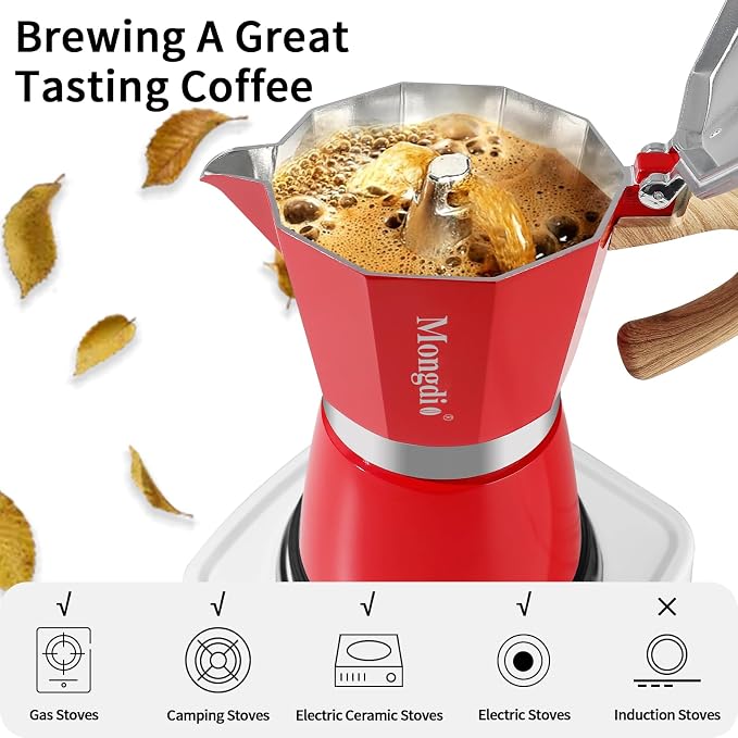 Mongdio Stovetop Espresso Maker Moka Pot, Cuban Coffee Maker Stove top coffee maker Moka Italian Espresso Greca Coffee Maker Brewer Percolator, 12 Espresso Cups, 20 oz - Red