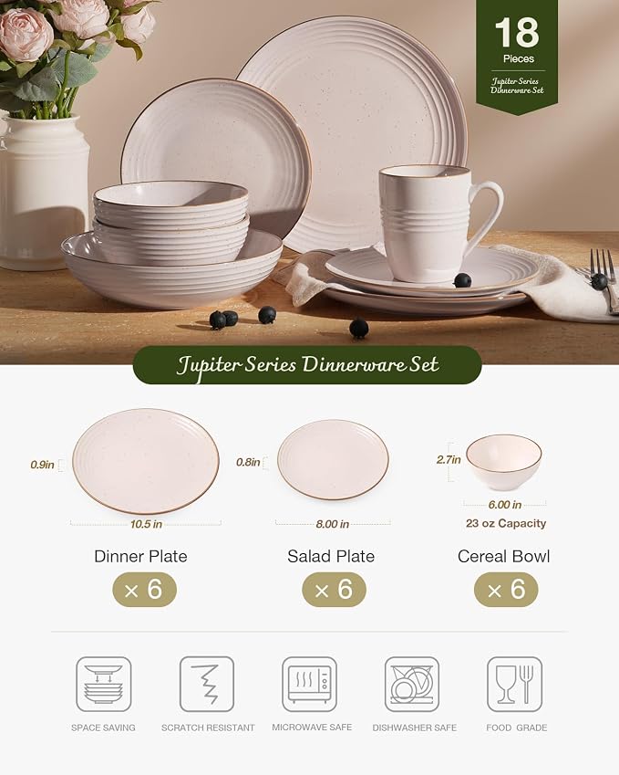 Famiware Jupiter 12-Piece Stoneware Dinnerware Set, Handcrafted Plates and Bowls with Speckles & Embossed Swirls, Chip/Scratch Resistant, Microwave/Dishwasher Safe, Modern Dishes, Service for 4, Pink