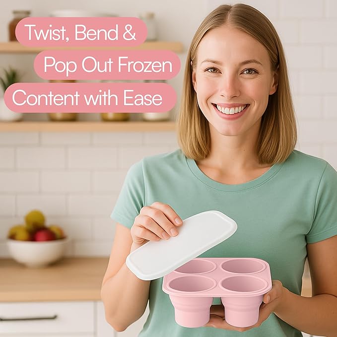 Silicone Freezer Tray with Lid - Stackable 2 oz Large Ice Cube Molds for Homemade Purees, Egg Bites, Broth Food Storage - Dishwasher Safe - Pink
