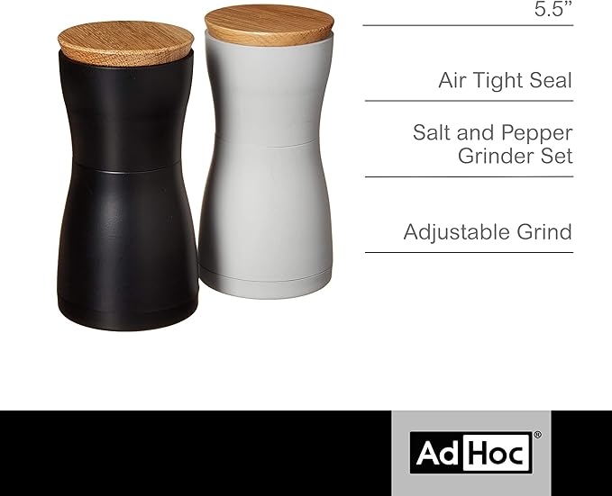AdHoc Twin Salt and Pepper Mill Gift Set - Salt & Pepper Grinder for Gourmet Seasoning - Adjustable Manual Grinder for Fine to Coarse Spices