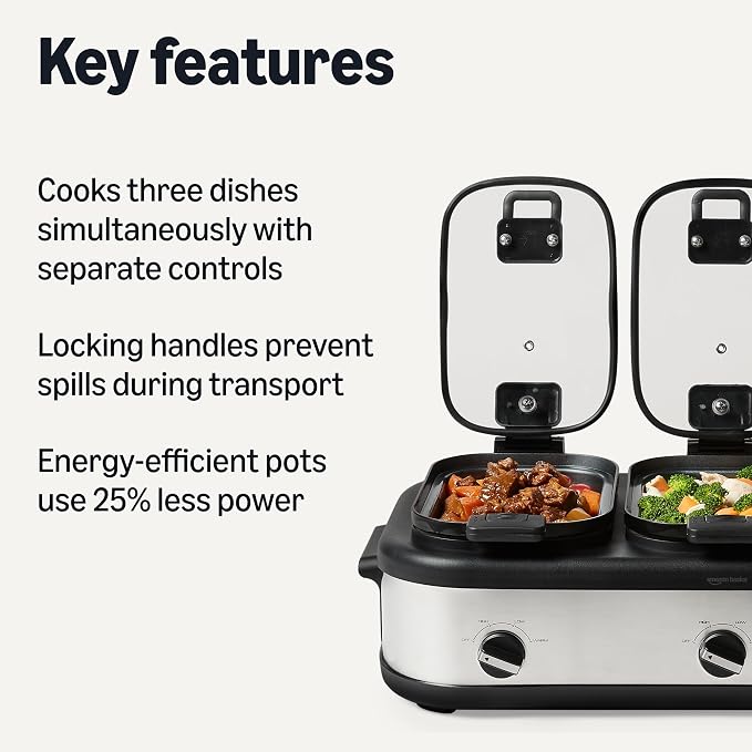Amazon Basics Triple Slow Cooker with Ceramic Non-Stick Coating, Individual Temperature Controls, Locking Handles, Glass Lids, 3 x 2.5 Quarts, Stainless Steel