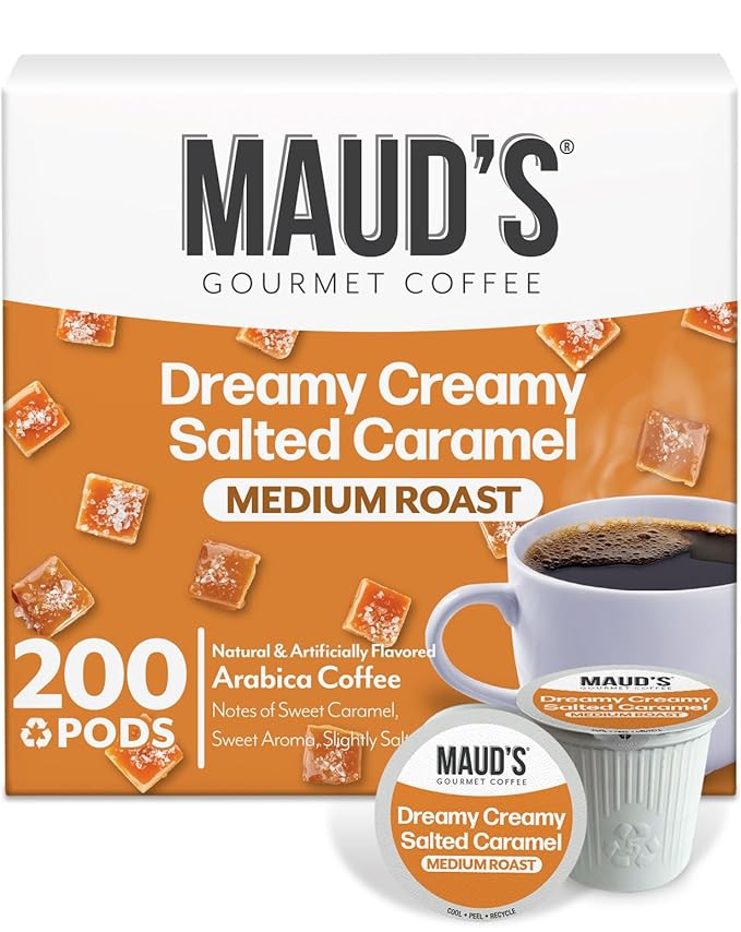 Maud's Salted Caramel Flavored Coffee Pods, 200 ct, Medium Roast Flavored Coffee in Single Serve Pods – 100% Arabica Beans, Compatible with Keurig K Cups Maker