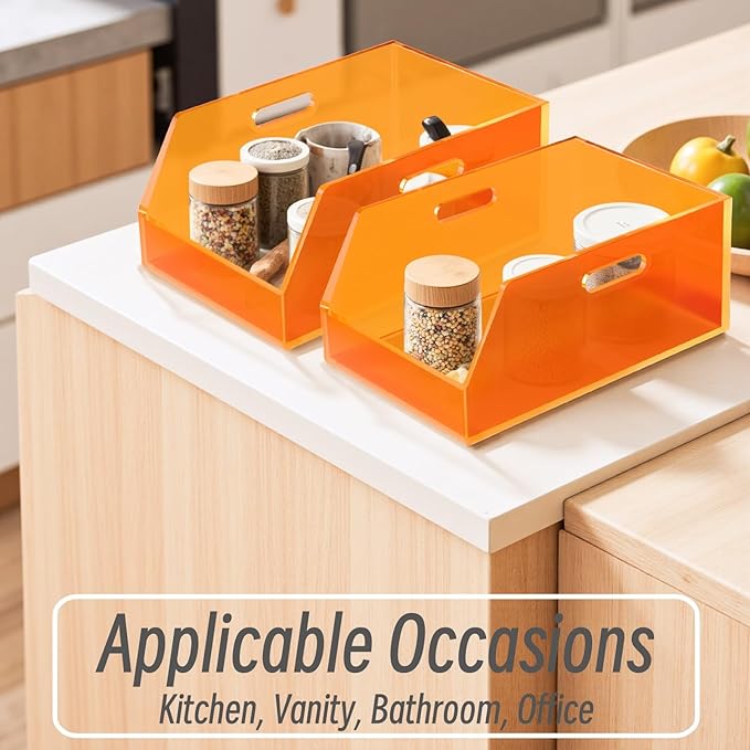 Gelite Stackable Storage Bins Open Front Organizer Bins with Handles Acrylic Storage Container for Pantry Kitchen Cabinet Bathroom Closet Office Organization, 15.4x11.4x6.7'', Neon Orange
