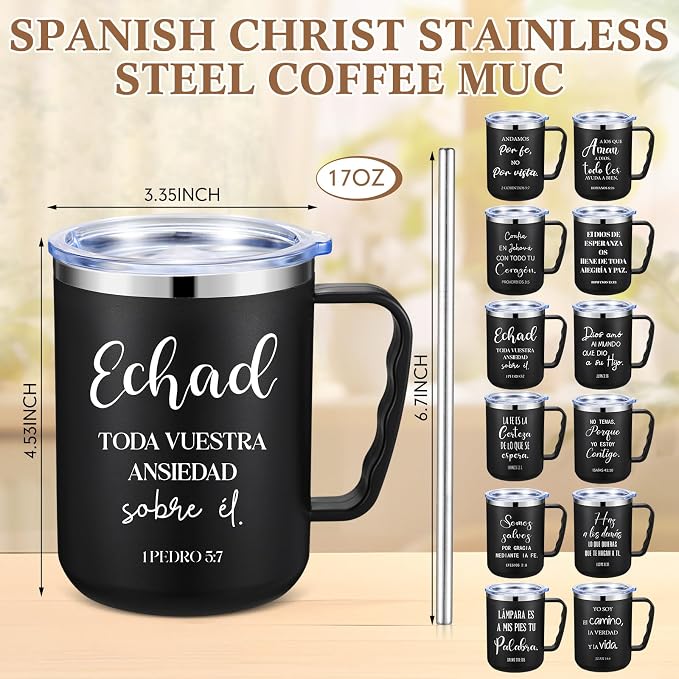 Sieral 12 Pcs Christian Gifts Coffee Mugs with Straw Lid 17 oz Religious Cups with Bible Stainless Steel Tumbler Inspirational Gifts for Women Men Pastor's Church Group(Black,Spanish)