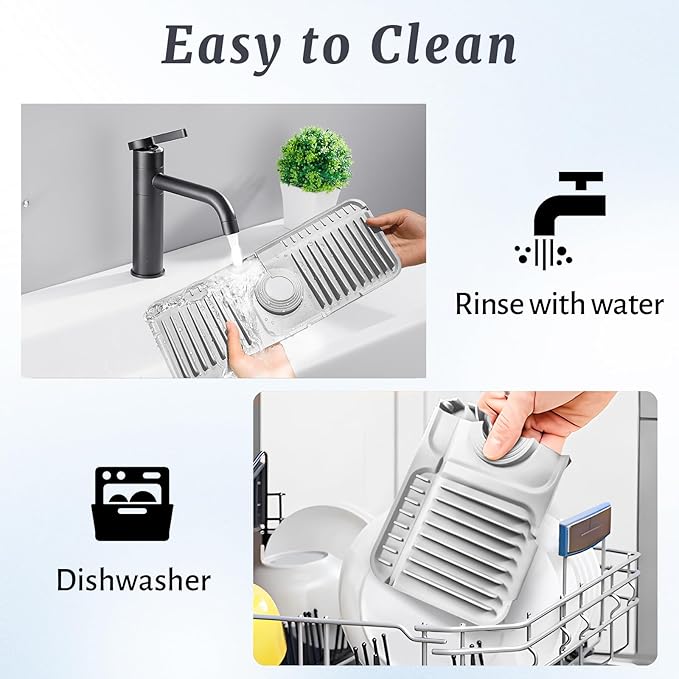 PoYang 14.6 inch Faucet Mat for Kitchen Sink Splash Guard, 7° Slope Silicone Sink Water Splash Guard for Kitchen Sink Area with Snap, Long Sink Protectors for kitchen Sink Sponge Holder, Light Grey
