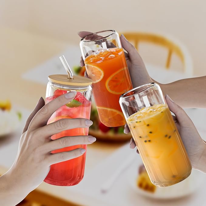 12 Pcs Glass Cups with Bamboo Lids and Straws - 20oz Glass Tumbler, Iced Coffee Cup, Can Shaped Drinking Glasses for Coffee, Tea, Smoothie, Juice, Cocktail Include 2 Cleaning Brushes