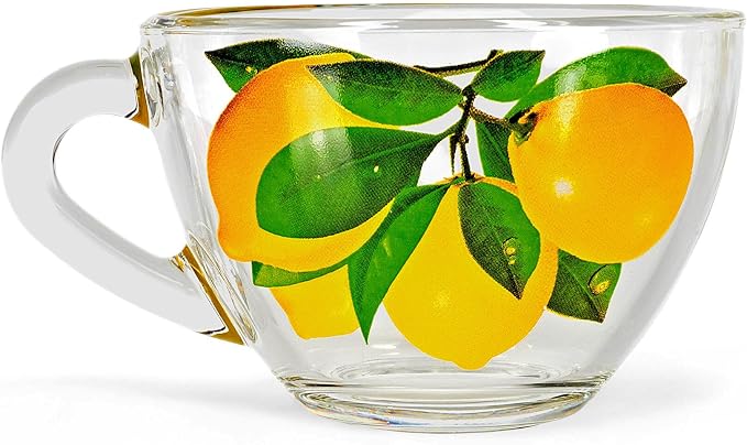STP GOODS Glass Tea Cup and Saucer Set of 2 Glass Teacups 6.8 fl oz (200 ml) Cups with Matching Saucers for Two, Tea Coffee Set for 2, Coffee Cups, Dishwasher and Microwave safe (Lemons)