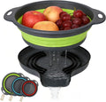 Collapsible Colander Set of 3 with Kitchen Counter Self-draining Base, Round Silicone Food Foldable Strainer for Cooking Pasta, Vegetables and Fruit (3QT, 4QT and 5QT)