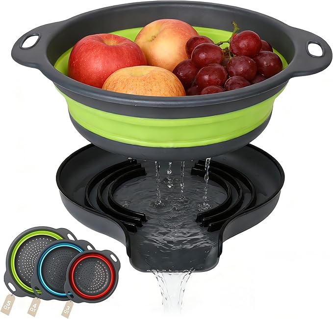 Collapsible Colander Set of 3 with Kitchen Counter Self-draining Base, Round Silicone Food Foldable Strainer for Cooking Pasta, Vegetables and Fruit (3QT, 4QT and 5QT)