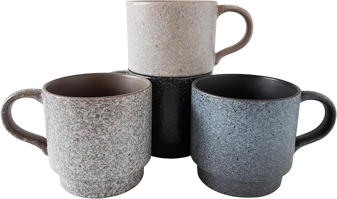 14oz Stackable Ceramic Coffee Mugs with Metal Rack, Assorted Colors - Set of 4 Space Saving Durable Stacking Cups with Speckled Finish