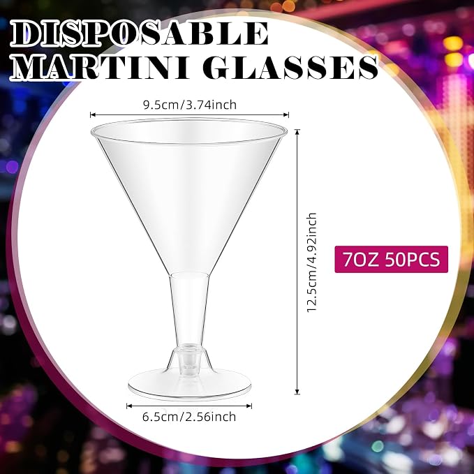 Yinkin 50 Pcs 7 oz Plastic Martini Glasses Disposable Clear Cocktail Dessert Parfait Glasses Unbreakable Mini Martini Cups for Wedding Party Bowl Wine Ice Cream (Stem)