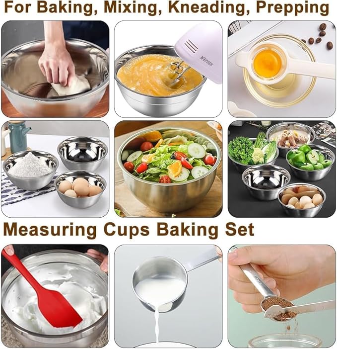 WEPSEN 5-Speed Electric Hand Mixer, 4 Large Mixing Bowls Set, Handheld Mixers with Whisks Beater, Stainless Steel Metal Nesting Bowl Measuring Cups Spoons Kitchen Cake Blender for Baking Supplies