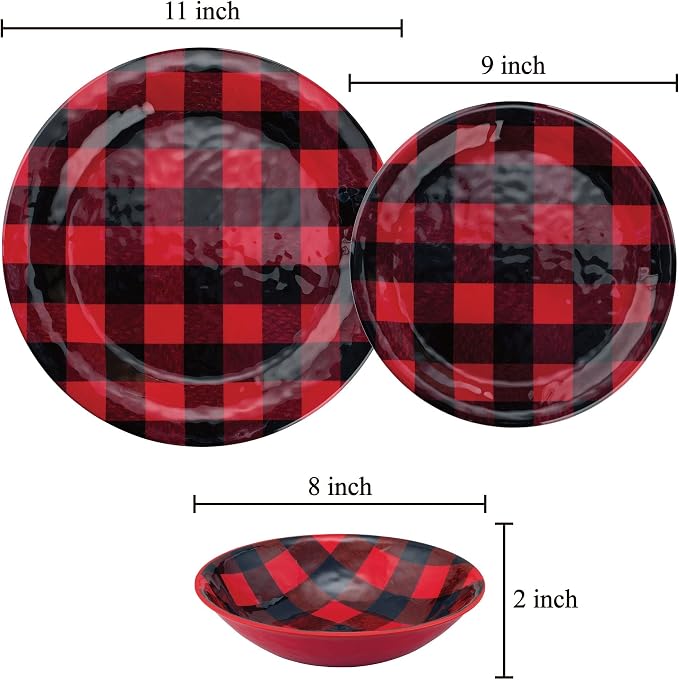 UPware 12 Piece Buffalo Plaid Melamine Dinnerware Sets, Outdoor Dishes Set, Plates and Bowls Sets, Christmas Decorations, Service for 4, Red