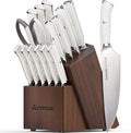 Knife Set, Astercook Kitchen Knife Set with Block, 15 Pcs Luxurious High Carbon German Stainless Steel Knives Set with Full Tang Ergonomic Handle, Dishwasher Safe Knife Set with Sharpening Rod, White