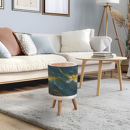 Trash Can with Lid Luxurious Dark green Marble texture Golden veins Natural Luxury Style Press Top Round Small Garbage Bin with Wooden Legs Waste Basket for Kitchen Bedroom Nursery 7L/1.8 Gallon