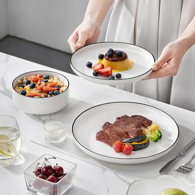 MALACASA Plates and Bowls Sets, 24 Pieces Modern Porcelain Dinnerware Set for 8 White Kitchen Dinner Dining Ware Set wtih Black Rim Ceramic Dishware Dishes Microwave and Dishwasher Safe, Series LUNA