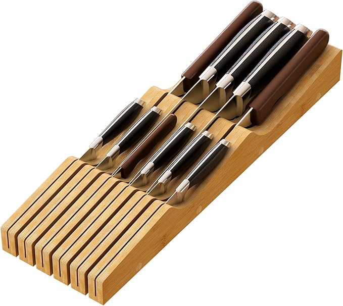 Knife Drawer Organizer Insert, Bamboo Wood Knife Holder, Knife Block Holds Up To 11 Knives