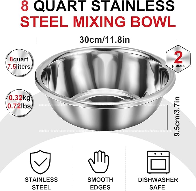 FillTouch 2 Pack Large Mixing Bowl 8 Qt Oversized All Purpose 304 Stainless Steel Polished Mirror Flat Base Metal Bowl for Home or Commercial Prepping Baking Mixing Marinating
