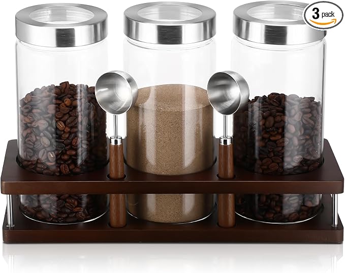Suclain 3 Pcs 44 oz Glass Coffee Grounds Container with Shelf Glass Coffee Bean Storage Canisters with Airtight Lid and Measuring Spoon Food Storage Jars for Kitchen Sugar (Artsy Style)