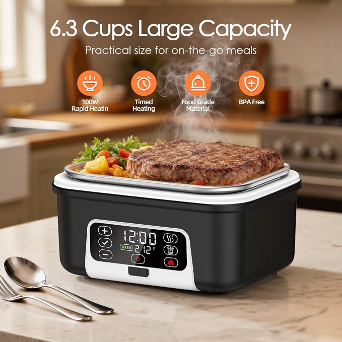 Cordless Electric Lunch Box, 6.3 Cup 100W Heated Lunch Box with 20000mAH Battery Powered for Self Heating, Including Fork Spoon and Insulated Bag for Men Women Adults, BPA Free(Black+White)