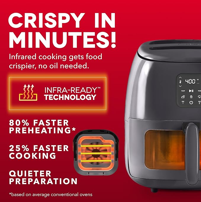 Dash 6QT Infrared Digital Air Fryer - Safe Ceramic Nonstick, Basket Style, Viewing Window, Custom Presets & Auto Shake Reminder - Dishwasher Safe Parts, 6 Quart Family-Size Air Fryer