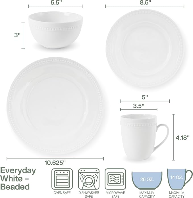 Everyday White by Fitz and Floyd, Beaded 16 Piece Dinnerware Set, Service for 4