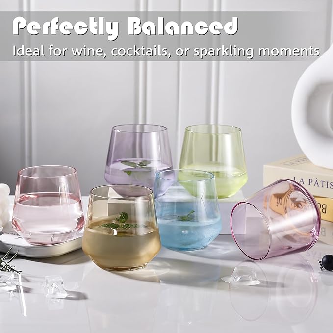 Physkoa Colored Stemless Wine Glasses Set of 6, Multi color Wine Glasses14oz,Diamond Shaped Cocktail Glass,Colorful Short Tumblers.Unique Drinkware for Home Party