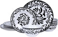 12-Piece Melamine Plates and Bowls Set - Artistic Black & White Design Dinnerware Set， Service for 4, Lightweight Melamine Dishes Set for Indoor and Outdoor Use，Black Floral