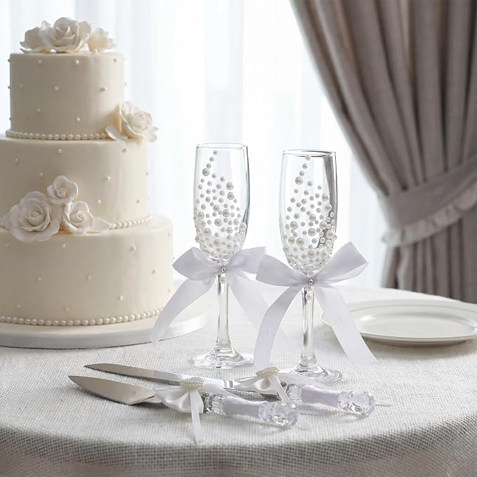 Boao Pearl Wedding Champagne Flutes and Cake Knife Server Set of 4, Champagne Flutes Toasting Glasses with Pearls for Bride and Groom Engagement Anniversary Bridal Shower Gifts(Bow,White)