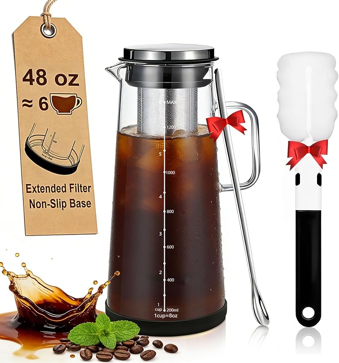 Cold Brew Coffee Maker 48oz/1.4L, Airtight Glass Carafe with Extended Fine Mesh Stainless Steel Filter, Iced Tea & Fruit Pitcher with with Handle and Removable Base