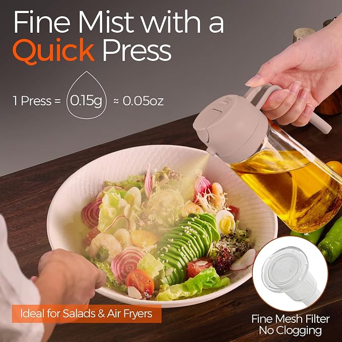YARRAMATE 16oz/470ml Glass Olive Oil Sprayer for Cooking with Stickers, 2 in 1 Oil Dispenser for Kitchen Gadgets, Food Grade Premium Spray Bottle for Salad, Frying, BBQ (LotusRootPink)