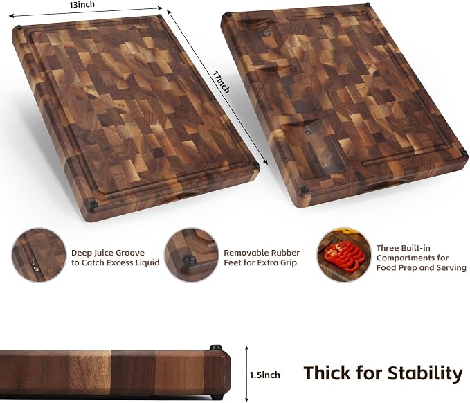 North America Black Walnut Wood Cutting Board, 17x13x1.5 inches, Double-Sided Use Kitchen with Double-Sided Juice Grooves, Handles, and Non-Slip Pads (Gift Box). (17x13x1.5inches)