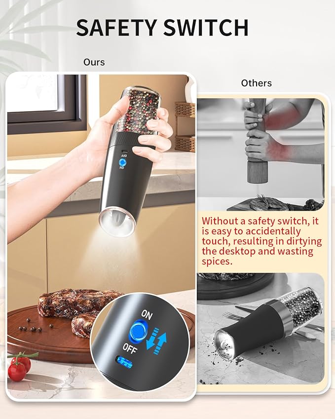 CIRCLE JOY Rechargeable Electric Salt and Pepper Grinder Set Gravity Salt and Pepper Mills Set with LED Light, No Battery Needed, Adjustable Coarseness, Washable 135ml Container, Black