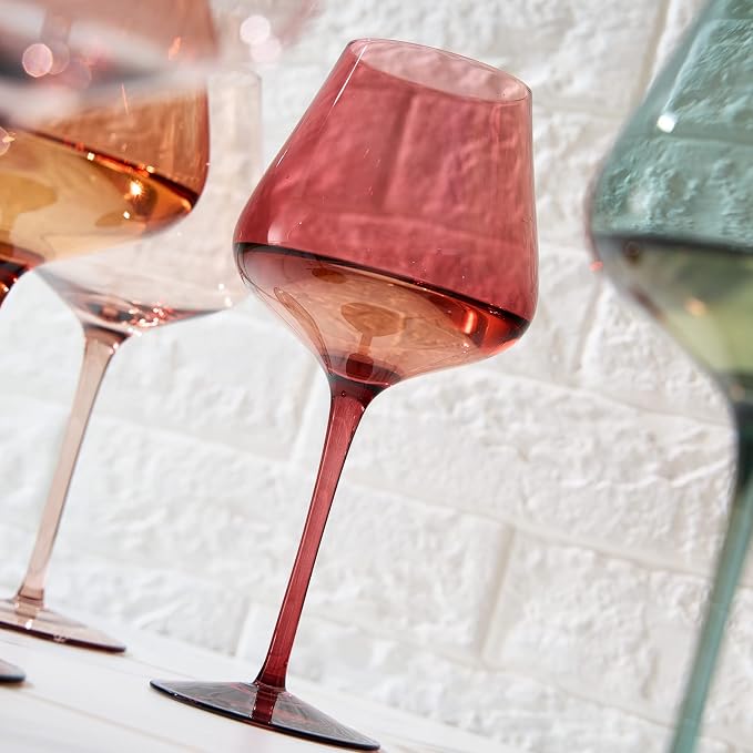 Colored Crystal Wine Glasses Set of 6, Gift Wife, Her, Mom, Friend - Large 18.5oz Glass, Italian Style Tall Stemmed Drinkware, Long Stem Wines, Dinner, Color Beautiful Glassware, Luxury, Hand-Blown