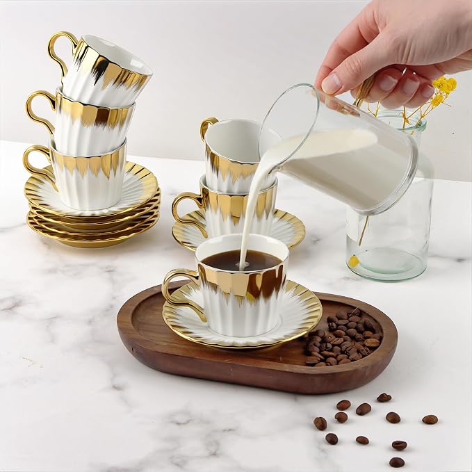 Turkish Coffee Cup Set of 6 with Saucers,3.5oz Ottoman Style Ceramic Tea Cups for Espresso Cappuccino Latte Mocha,White Gold