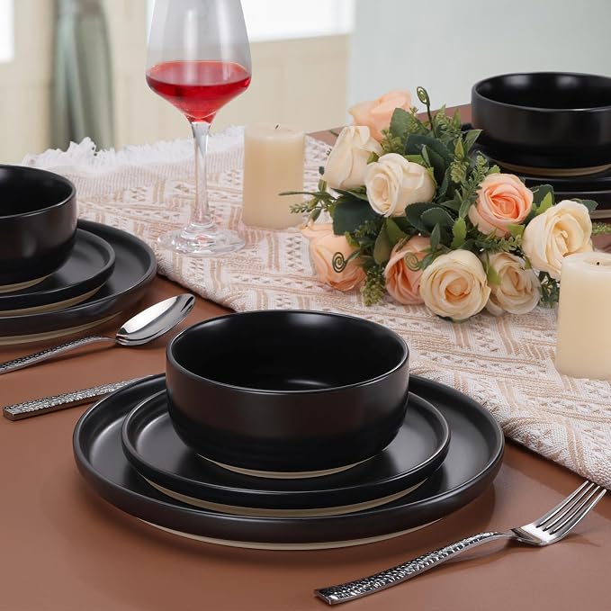 LIANYU Plates and Bowls Sets for 2, 6 Piece Stoneware Dinnerware Set, Porcelain Dishware for Kitchen and Dining, Microwave Oven Dishwasher Safe, High temperature & Scratch Resistant, Matte Black