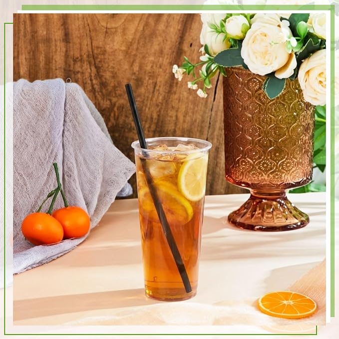 Plastic Highball Glasses with Straws(set of 48), 32 oz Shatterproof Drinking Cups, Tall Whiskey Collins Glass with Straws, Smoothie Tumbler Mojito Cocktail Cups for Wedding Fall Xmas Party