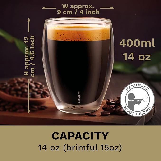 Creano Premium Double-Walled Drinking Glasses 12.5oz / 400 ml - Set of 6 - Professional Quality - 100% Dishwasher Safe | 100% dishwasher safe thanks to GastroSeal seal therefore catering quality - double wall glass