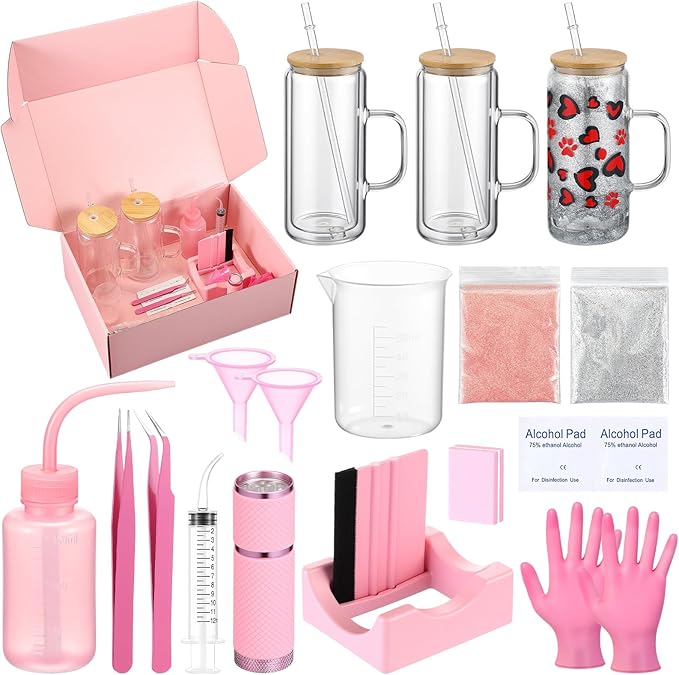 Baderke 20 Pcs Snow Globe Tumbler DIY Kit 16 oz Tumbler Squeeze Bottle, Glitter, Funnel Tweezer Silicone Cup Cradle Measuring Cup Glove Flashlight Buffer for Beginner(Pink,Special)
