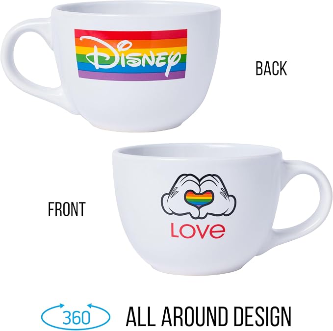 Silver Buffalo Disney Mickey Mouse Hands in Shape of Heart Rainbow Pride Love Ceramic Soup Mug, 24 Ounces