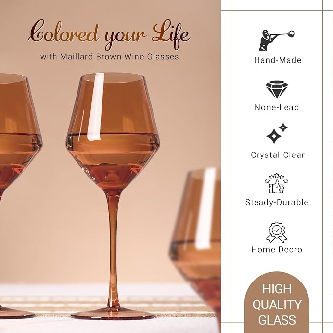 Brown Wine Glasses Set 6-16oz Long Stem-African American Wine Glasses - Hand Blown Amber Stemware for Wedding,Birthday Party and Home Party
