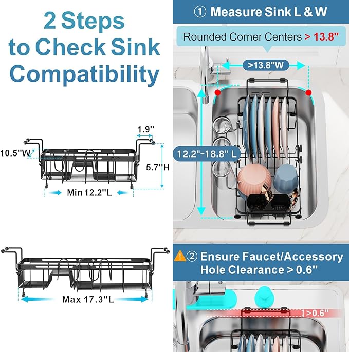 iSPECLE Small Sink Dish Drying Rack with Cup Holder, Expandable Rust Resistant Dish Drainer for RV Kitchen, Dish Rack with Tightening Knob, Arms with Non Slip Rubber, Black