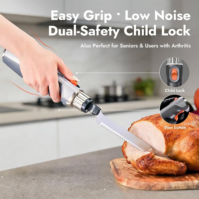 Cordless Electric Knife for Meat Slicing, Carving Knife | Cordless Rechargeable, 45W High-Torque Motor, 420 Stainless Steel Blades, 50-Min Runtime, Washable,Type-C Charge, Safety-Lock