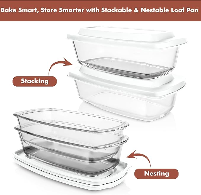 Razab LARGE 7.6 Cups/1800 ML/1.9 Qt Glass Loaf Pan with Lids (Set of 2) - Meatloaf Pan BPA free Airtight Lids Grip Handle Easy Carry, Microwave and Oven Safe - Loaf Pans For Baking Bread, Cakes