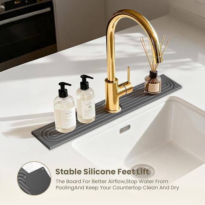 Faucet Mat for Kitchen Sink -Diatomite Stone Drying Mat for Kitchen Counter & Bathroom Sink,Quick-Dry Kitchen Sink Mat-Sink Protector & Splash Guard,Super Absorbent (Gray, 23.6"x4")