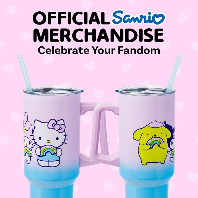 Silver Buffalo Sanrio Hello Kitty and Friends Featuring My Melody, Kuromi, Pompompurin Rainbow Ombre Double Walled Stainless Steel Tumbler with Handle and Straw, Fits in Standard Cup Holder, 40 Ounces