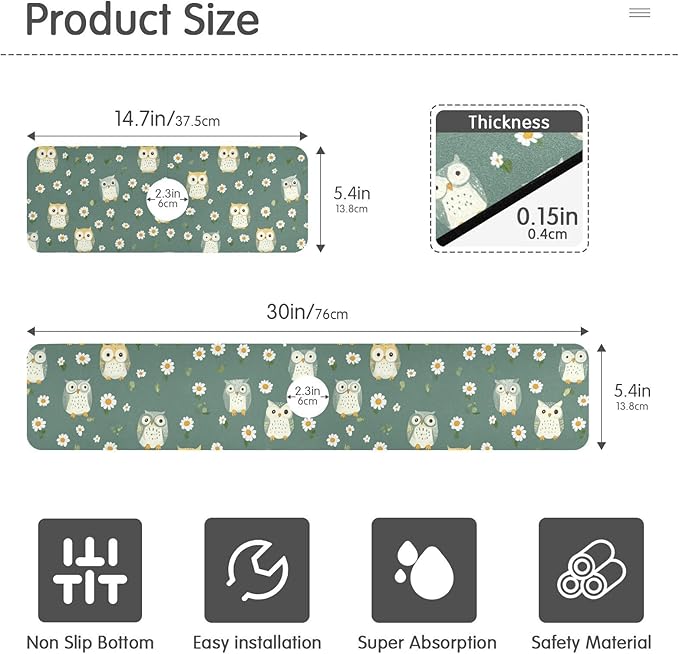 Kitchen Sink Splash Guard 2 PCS 30 Inch Sink Faucet Mat Splash Guard for Bathroom Countertop Water Absorbent Foldable Cuttable Soft Washable White Daisy Flower Owls