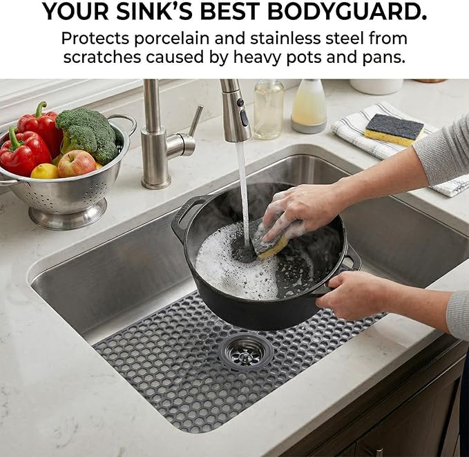 Silicone Sink Protectors for Kitchen - Non-Slip Heat Resistant Grid Mat for Farmhouse Porcelain Stainless Steel, Protects & Cushions Your Sink(Gray 1PCS, 26"x14" Center Drain)